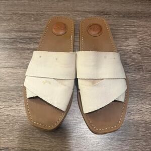 Chloé Cream Canvas & Tan‎ Leather Slide Sandals — Size 40
